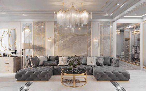 Majestic Modern Luxury living room decor with restoration hardware soho sectional sofa replica, glam luxury decor, palatial decor.