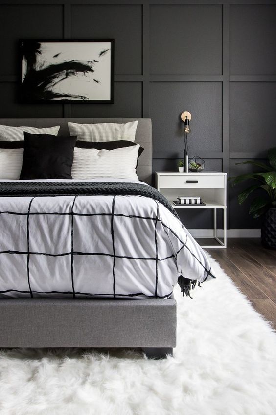 black and white bedroom with simple decor