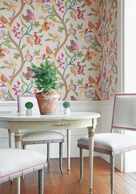 beautiful minimalist dining room with beautiful and fresh wallpaper